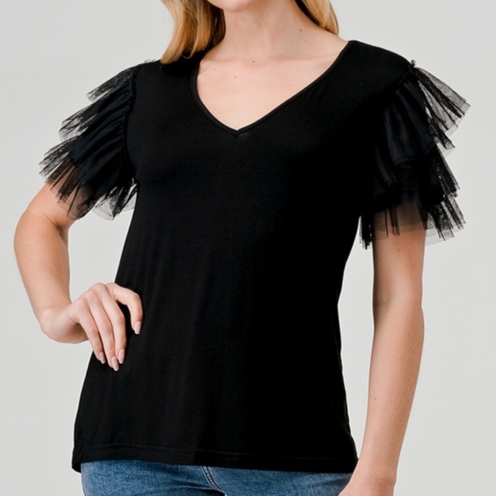 ShopEvelynne Black Tulle Sleeve Tee